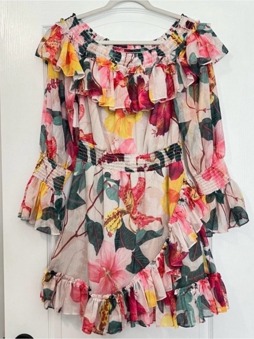 PATBO Floral Ruffle Off-Shoulder Mini Dress - Pink, Yellow, Green